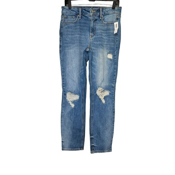 Old Navy Womens Power Straight High Rise Jeans Size 8 Distressed Blue Denim - Picture 1 of 9